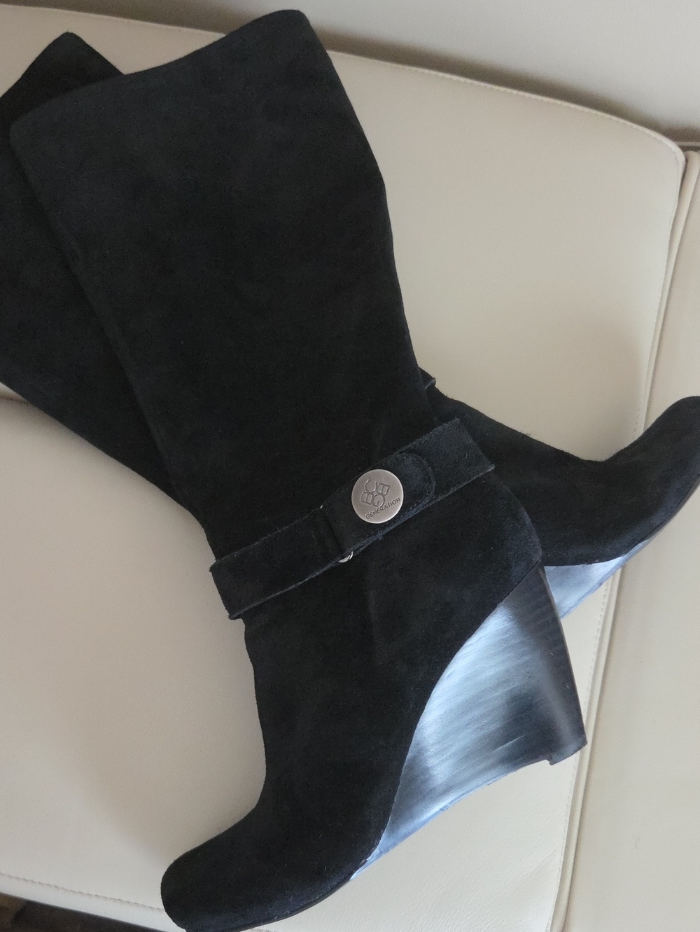 BCBGeneration Black Suede Wedge Knee Boots with Logo Accent Size 8B